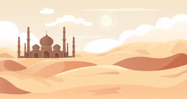 Vector illustration of Traditional arabian mosque in sand dune desert. Sunrise in Sahara. Islamic muslim temple, traveling and pilgrimage across middle east. Scenic landscape. Vector illustration