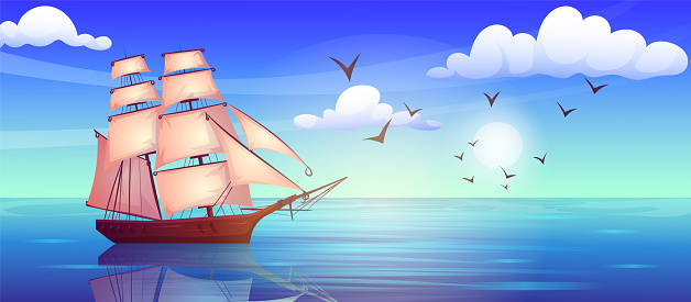 Sea brig ship, marine yacht, ocean sailboat travel. Blue water, summer tourism, vacation on sail, cartoon vintage transport, beautiful seascape, maritime journey. Vector illustration
