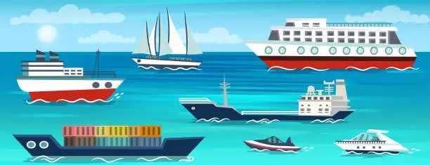 Vector illustration of Various ship set, marine transport. Collection of sailboat, cargo, yacht, cruise liner, speedboat. Shipping vessel, nautical voyage and resort. Vector illustration