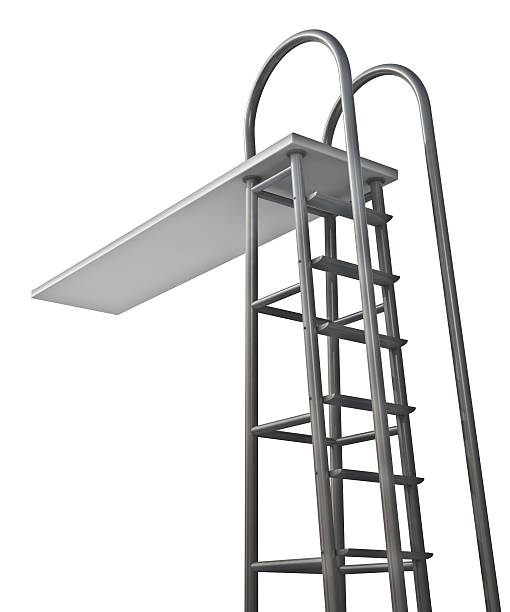 Silver diving board with ladder High jump diving board isolated on a white background. diving board stock pictures, royalty-free photos & images