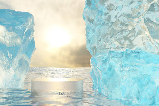 istock 3d render winter platform and natural podium background, Ice podium and ice Rock cliff on the ocean for product display, advertising, mockup, showcase or etc 1832192440