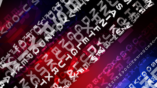 Typography background with shifting red and blue letters abstract concept of typographic chaos and dynamic composition, modern art of unpredictable symbol and encoded code