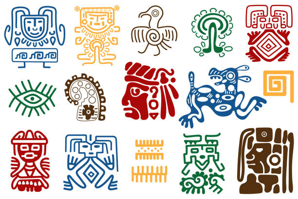 ornamente der nordamerikanischen ureinwohner, indianische kultur, traditionelle muster, ethnische stammeszeichnungen. sammlung von aztekischen, cherokee-, apachen- und maya-elementen. isoliert auf weißem hintergrund. vektor-illustration - native american north american tribal culture symbol dreamcatcher stock-grafiken, -clipart, -cartoons und -symbole