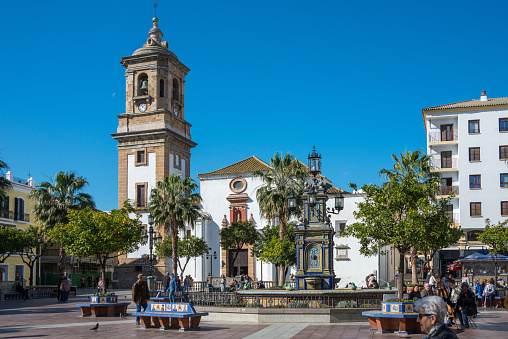 Andalusia, Spain - February 27, 2019: Plaza Alta and church of the Lady of La Palma in the urban center of the city of Algeciras