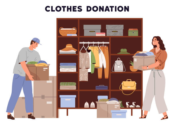 衣類の寄付。衣類の寄付は、恵まれない人々への支援となります。未使用の服を寄付することは、寛大な行為です - less fortunate点のイラスト素材／クリップアート素材／マンガ素材／アイコン素材