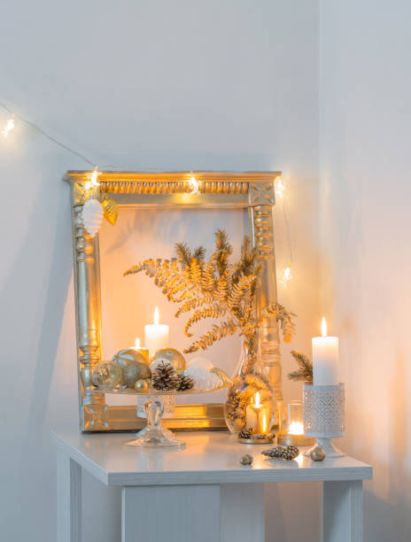 istock Christmas golden decor in white interior 1832224663