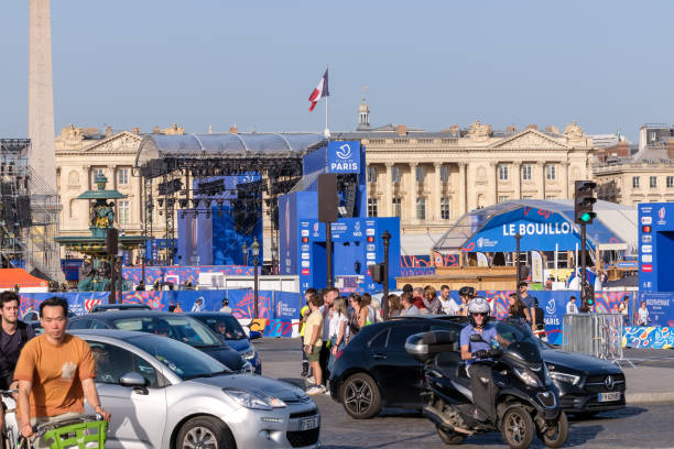 Paris, France - October 8, 2023 : View of an outdoor stage to celebrate the rugby World Cup 2023 in the center of Paris France