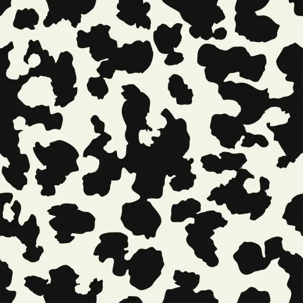 Vector illustration of Cow skin texture, black and white spot repeated seamless pattern. Animal print dalmatian dog stains. Vector