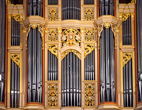 Koper, Slovenia - November 8, 2023: Organ in the Cathedral of the Assumption of the Blessed Virgin Mary in the old town of the Slovenian city of Koper. Donated from Tonhalle Zurich.