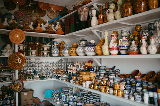 Close up view of ceramic objects, classic Moroccan crafts in Tetouan. High quality photo