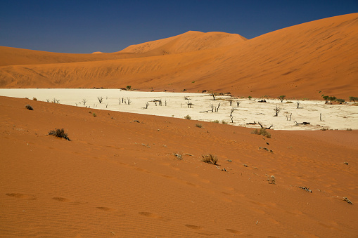 Badain Jaran Desert in Inner Mongolia, China, the third largest desert in China, with the tallest stationary dunes on Earth blue sky, white clouds in background