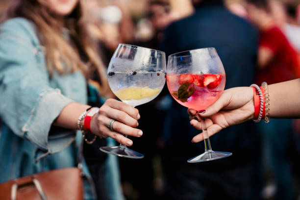 Two women holding a gin and tonic and toasting during a music festival. High quality photo Two women holding a gin and tonic and toasting during a music festival. High quality photo gin stock pictures, royalty-free photos & images