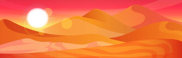 風光明媚な風景、アラビアの砂丘。血まみれの赤いサハラ砂漠のパノラマビュー、夕日と日の出。夏休み旅行、ホリデーリゾート。黄色とオレンジ色の地平線。ベクトル図 - desert landscape morocco sand dune点のイラスト素材／クリップアート素材／マンガ素材／アイコン素材