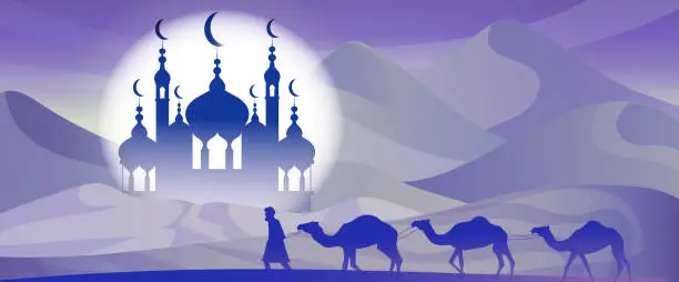 Vector illustration of Arabian fairy tale cityscape castle architecture, cartoon buildings, bedouin camel caravan silhouette, muslim antique mosque, night desert, ancient traditional town. Middle east. Vector illustration