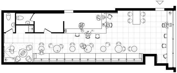 Cafe plan in top view. Floor plan of small restaurant. Arrangement of furniture in the catering interior. Bar design project. Vector Floor plan of cafe in top view. Plan of small restaurant. Arrangement of furniture in the catering interior. Bar design project. Vector restaurant table layout stock illustrations