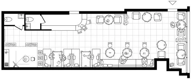 Vector illustration of Cafe plan in top view. Floor plan of small restaurant. Arrangement of furniture in the catering interior. Bar design project. Vector