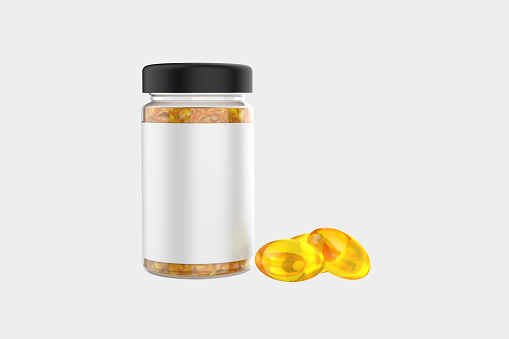 Fish oil capsules in a bottle isolated on white background. 3d illustration