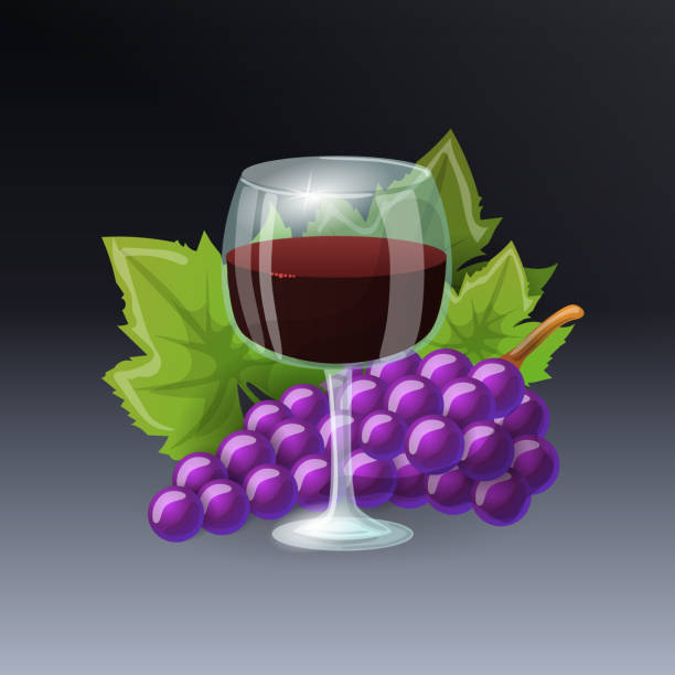 illustrazioni stock, clip art, cartoni animati e icone di tendenza di illustrazione di un bicchiere di vino rosso su uno sfondo di uva con foglie. - red grape