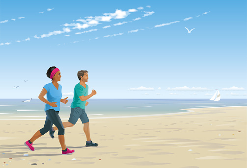 Vector illustration of a woman and a man jogging on a lonely beach
