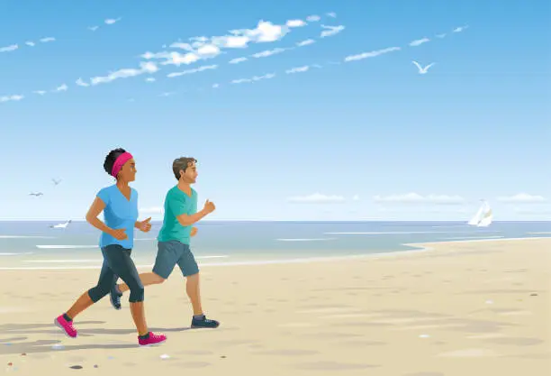 Vector illustration of Man and woman jogging at the beach
