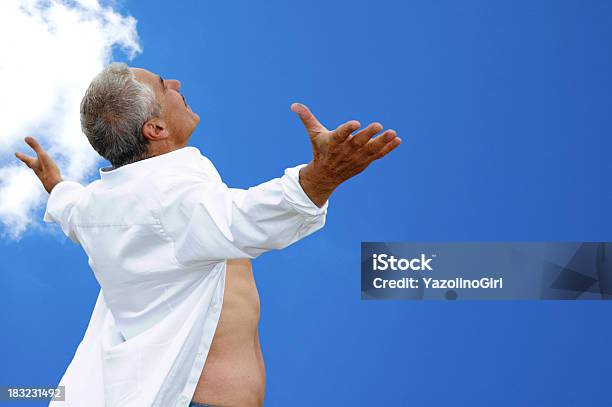 Senior Man On Beach Open Arms Stock Photo - Download Image Now - 55-59 Years, 60-64 Years, 65-69 Years