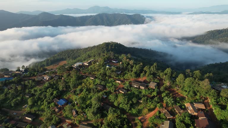 Aerial view of sea of fog and mountains at Huai Kub Kab