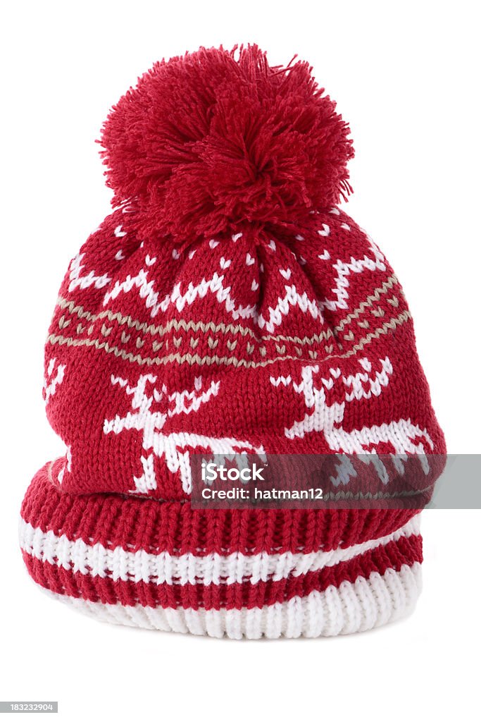 Winter hat Bobble hat isolated against a white background.Same hat with matching red scarf: Knit Hat Stock Photo