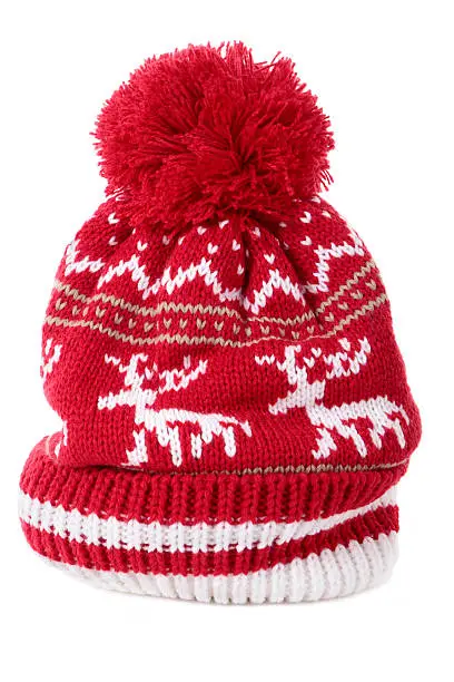 Bobble hat isolated against a white background.Same hat with matching red scarf: