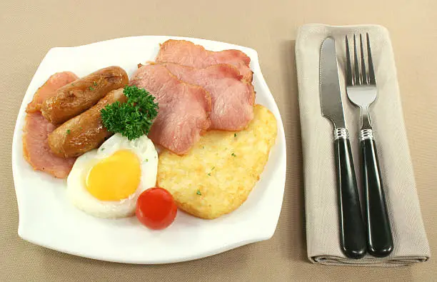 "Bacon and eggs, sausages and hashbrowns with knife and fork as a place setting."