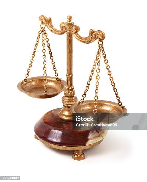 Scales Of Justice Stock Photo - Download Image Now - Equal-Arm Balance, Cut Out, Gold - Metal