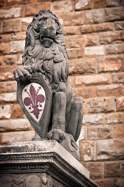 The original Marzocco Lion statue was created by Donatello in 1419-1420. This is the copy located in Piazza della Signoria in front of the Palazzo Vecchio in Firenze (Tuscany, Italy).