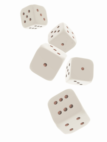 Five mid-air white dice. Rendered with focus on the front object.