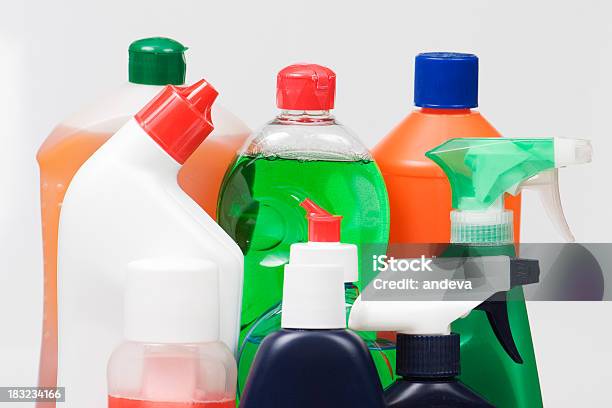 Assortment Of Liquid Cleaning Products In Plastic Bottles Stock Photo - Download Image Now