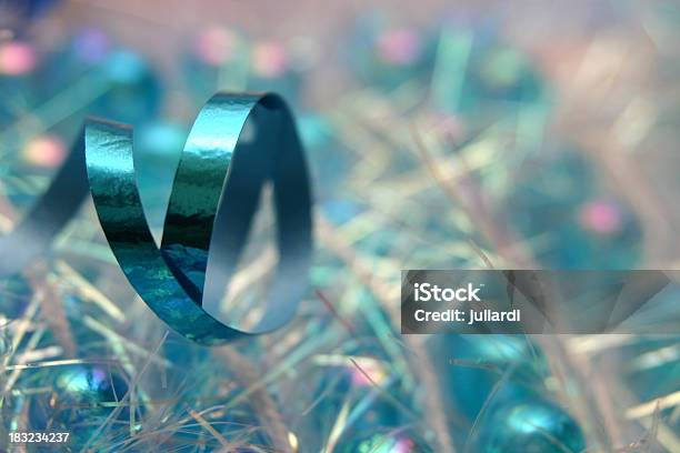 Blue Metallic Ribbon Bow Loop Garland Stock Photo - Download Image Now - Anniversary, Blue, Celebration