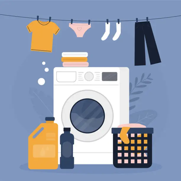 Vector illustration of Washing machine with washing powder, gel and conditioner. Clean laundry hangs on line to dry. Washing process, laundry service