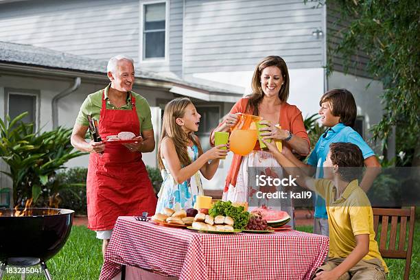 Familie Im Garten Picknicktisch Gießen Limonade Stockfoto und mehr Bilder von Familie - Familie, Wohnhaus, Gartengrill