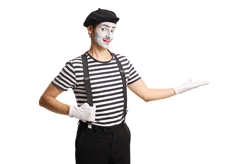 Mime aiming at something with hand isolated on white background