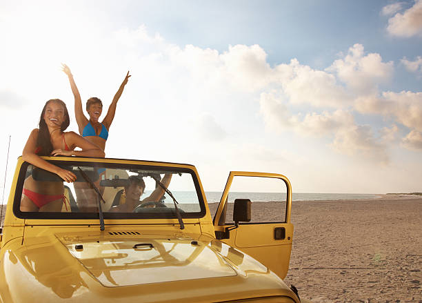 istock Cheerful friends in jeep having fun on the beach 183236608