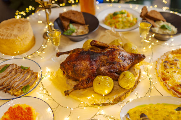 istock beautiful festive Christmas table with baked grilled chicken, 1832377295