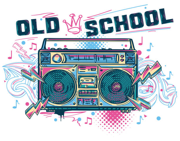 illustrazioni stock, clip art, cartoni animati e icone di tendenza di vecchia scuola - design funky colorato del boombox musicale con note e frecce graffiti - old school rap