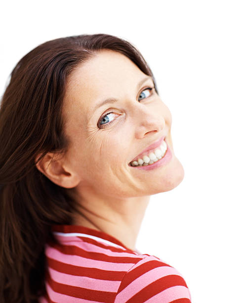 istock Pretty mature female smiling on white backgorund 183239085