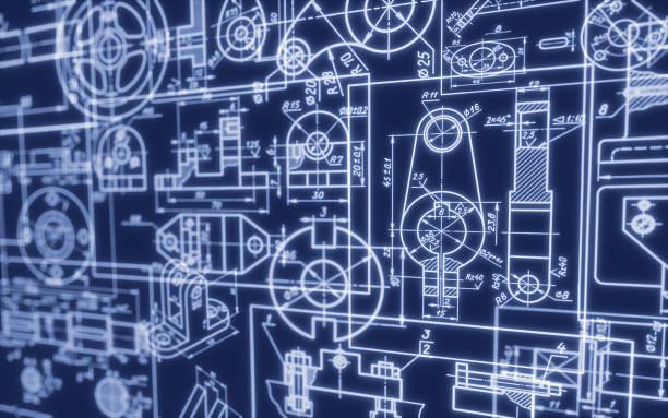 Background featuring industrial machine blueprints stock photo