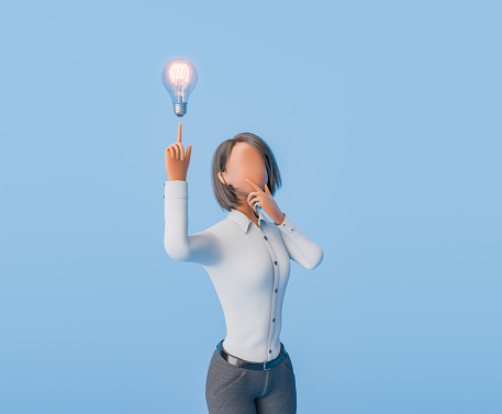 3D rendering of a stylized cartoon businesswoman in a white blouse and gray pants, pointing upwards at a glowing lightbulb on blue background. moment of inspiration concept.