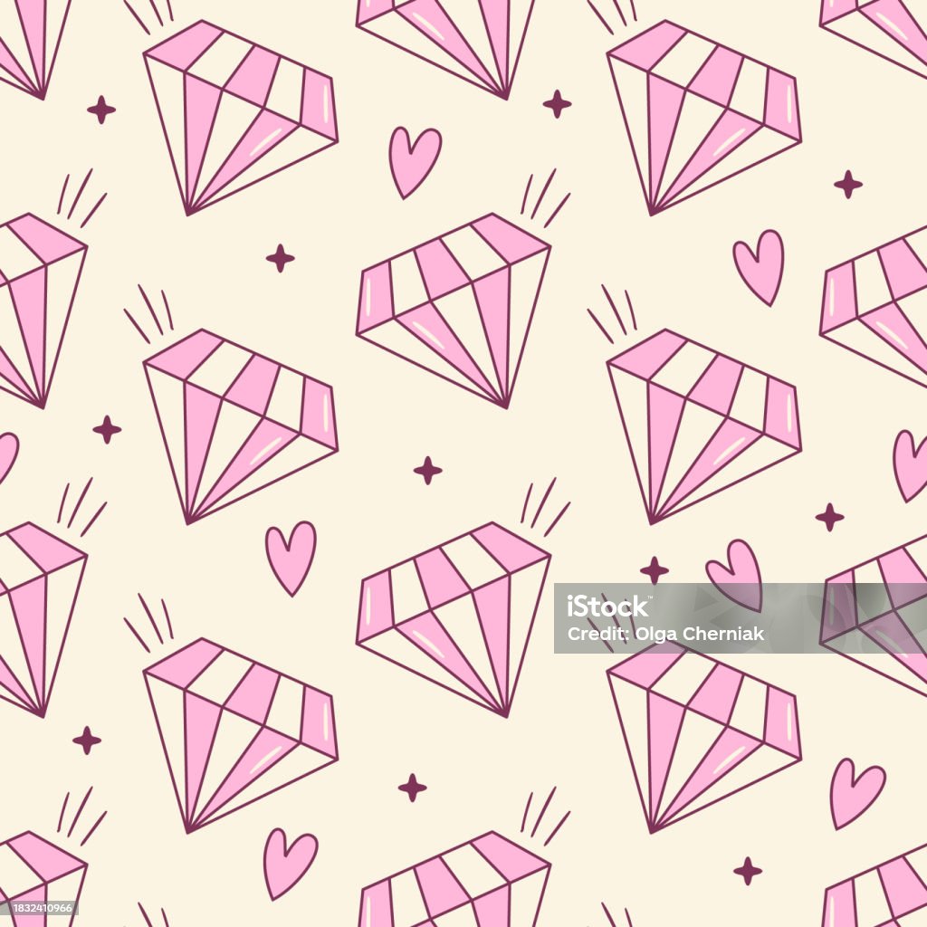 Diamond Cute Esign Seamless Vector Pattern With Cute Doodle Diamonds Stars And Hearts ...