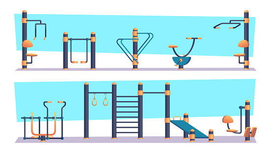 Outdoor workout. Gym machine in urban park exact vector sport equipment. Illustration of outdoor gym, training sport street outside