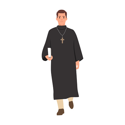 Catholic priest. Pastor reads prayer, holds cross, bible and gospel, bless parishioners. Flat vector illustration isolated on white background