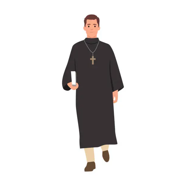 Vector illustration of Catholic priest. Pastor reads prayer, holds cross, bible and gospel, bless parishioners.
