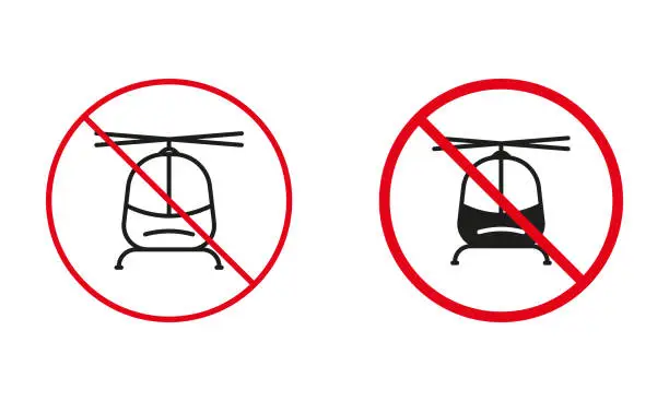 Vector illustration of Not Allowed Helicopter Road Sign. Air Transport Forbidden Circle Symbol Set. Flight Prohibit Traffic Red Sign. No Aviation, Copter, Fuselage Line and Silhouette Icons. Isolated Vector Illustration