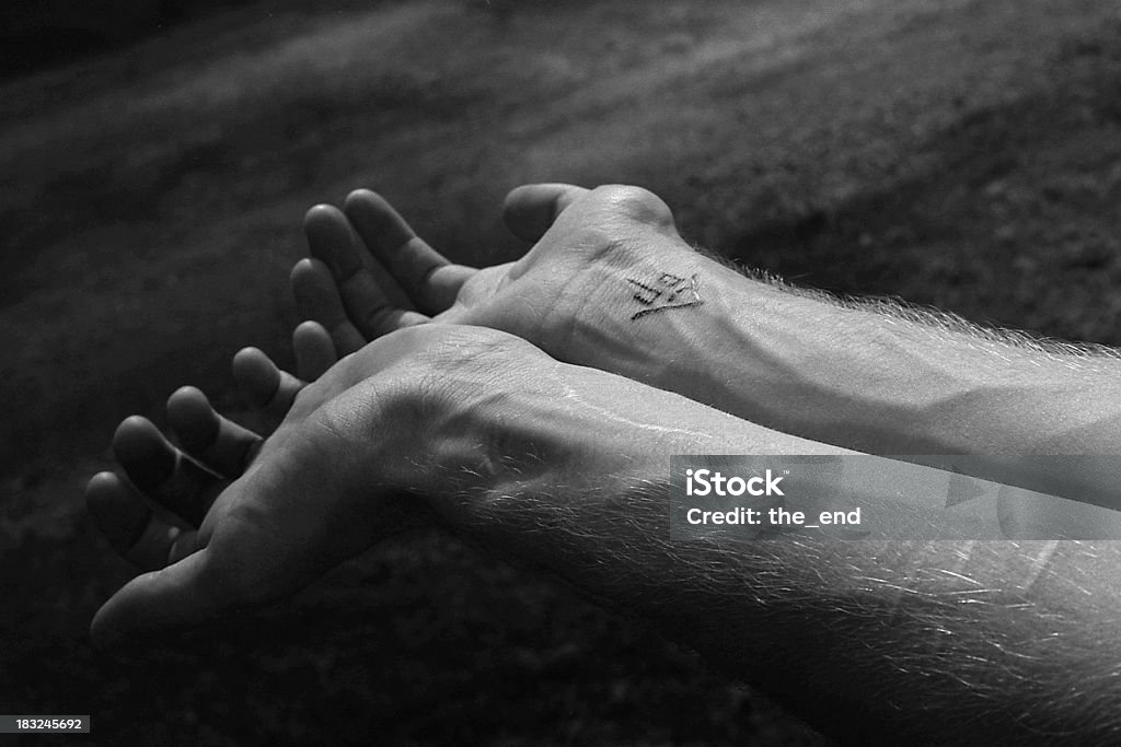 Black White Wrists "Palms facing up; showing scars, tattoo and veins." Tattoo Stock Photo