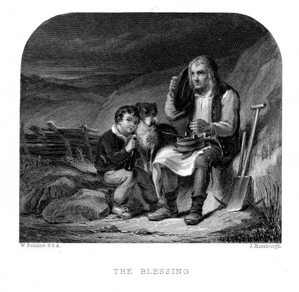 The Blessing Vintage engraving from 1874 showing a labourer and his son or grandson resting for lunch and saying thanks farmer son stock illustrations